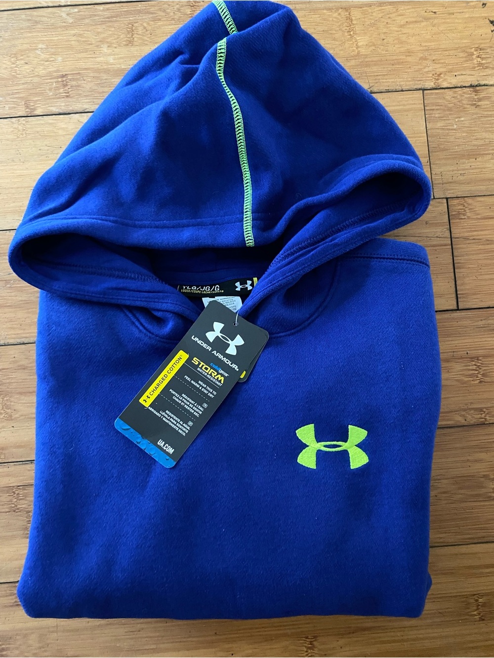 NWT Under Armour STORM Blue Hoodie with Neon Logo Boy’s Sz S,M,L